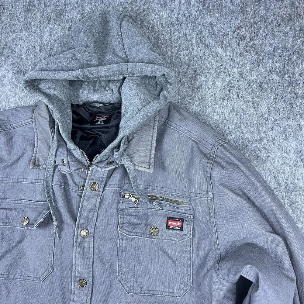Wrangler Workwear Men's Jacket Hooded Light Grey Chore Coat Canvas Sz L (42-44)